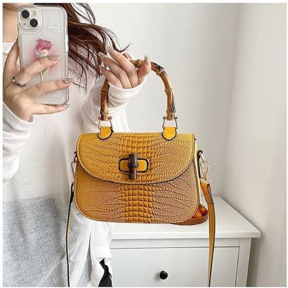 Neiman Marcus Bamboo Handle Black Crocodile Print Top Handle Bag - Picture 4 of 5